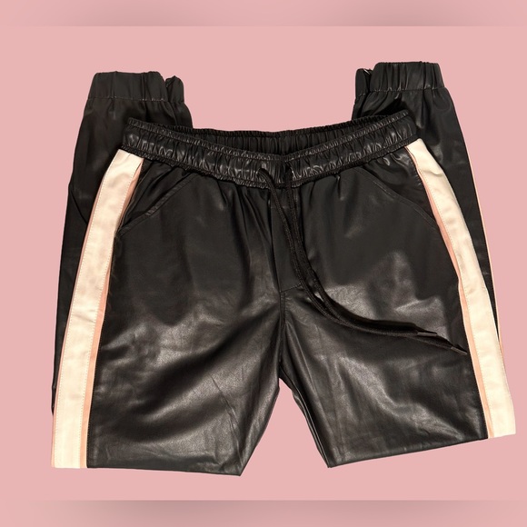 David Lerner Black Vegan Leather Joggers with White and Pink Stripe - Picture 4 of 8